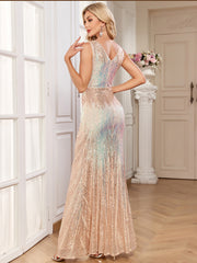 Champagne Iridescent Sequin V‑Neck Mermaid Gown