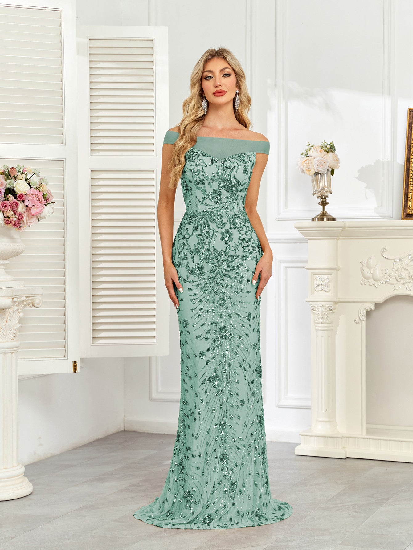 Royal Blue Sequin Off‑Shoulder Mermaid Evening Gown