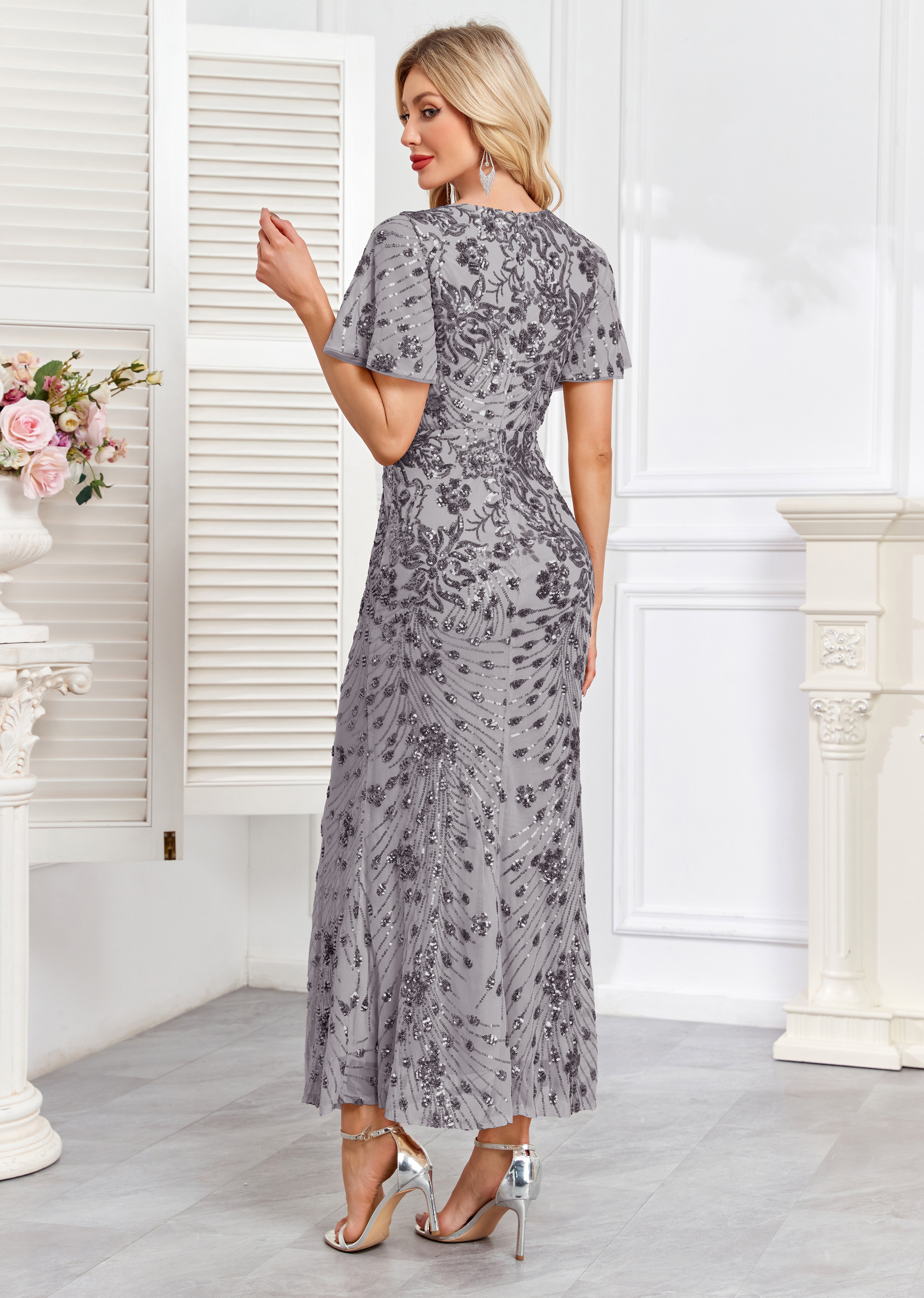 Champagne Gold Sequin Short Sleeve V Neck Midi Mermaid Evening Dress
