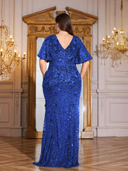 Royal Blue Sequin Flutter Sleeve Mermaid Evening Gown