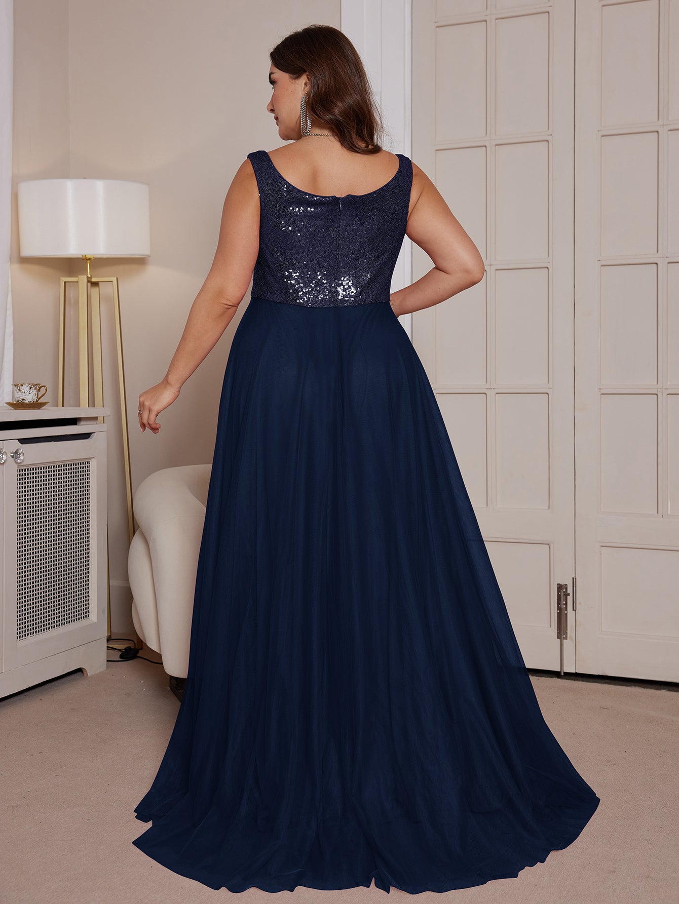 Dusty Rose Sequin Bodice A Line Plus Size Evening Gown