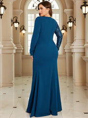 Peacock Blue Mesh Neck Pocket Plus‑Size Mermaid Evening Dress
