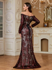 Burgundy Sequin Corset Off Shoulder Mermaid Evening Gown