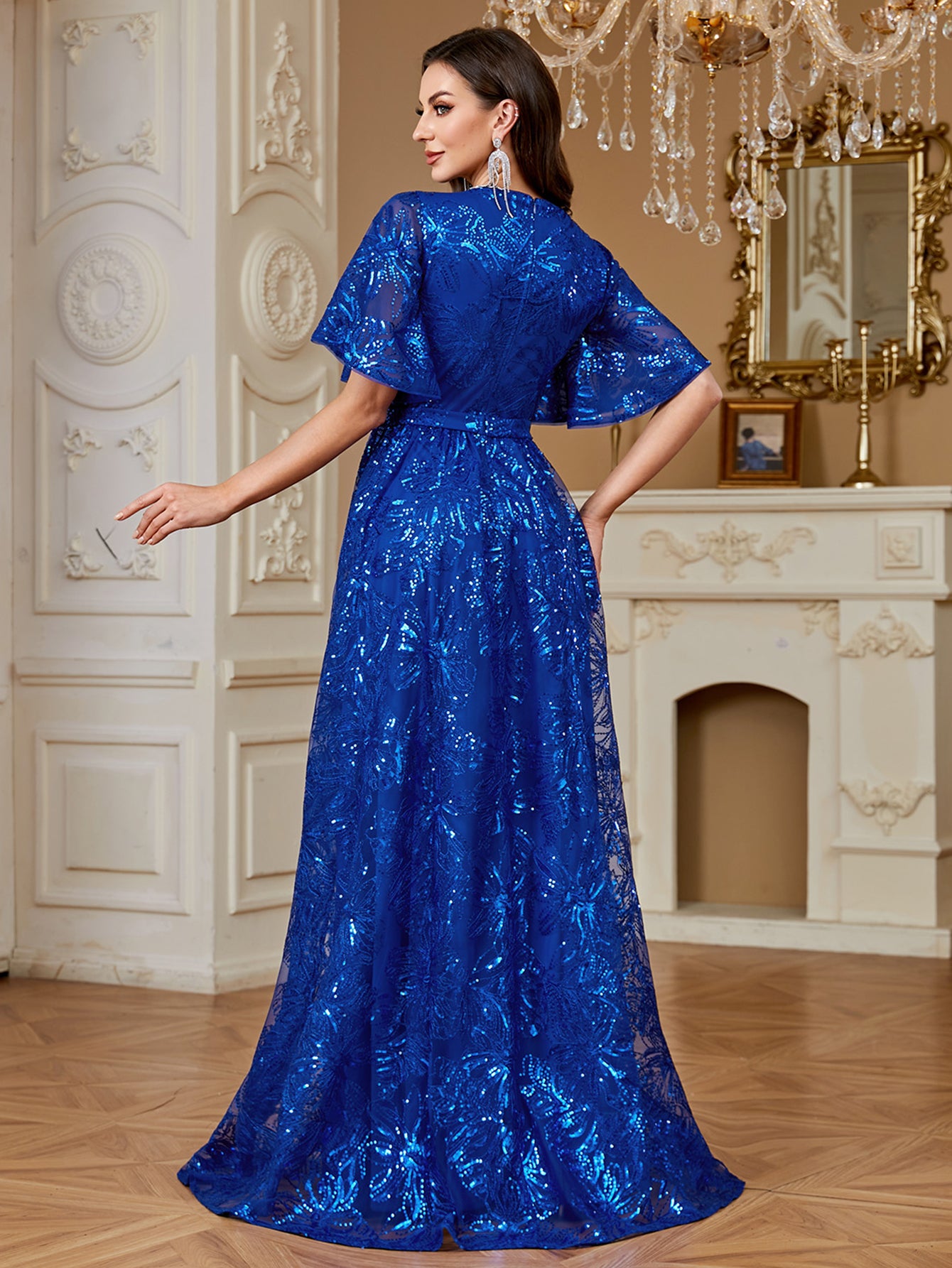 Royal Blue Sequin Flutter‑Sleeve High Waist A‑Line Evening Gown