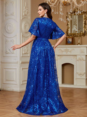 Royal Blue Sequin Flutter‑Sleeve High Waist A‑Line Evening Gown