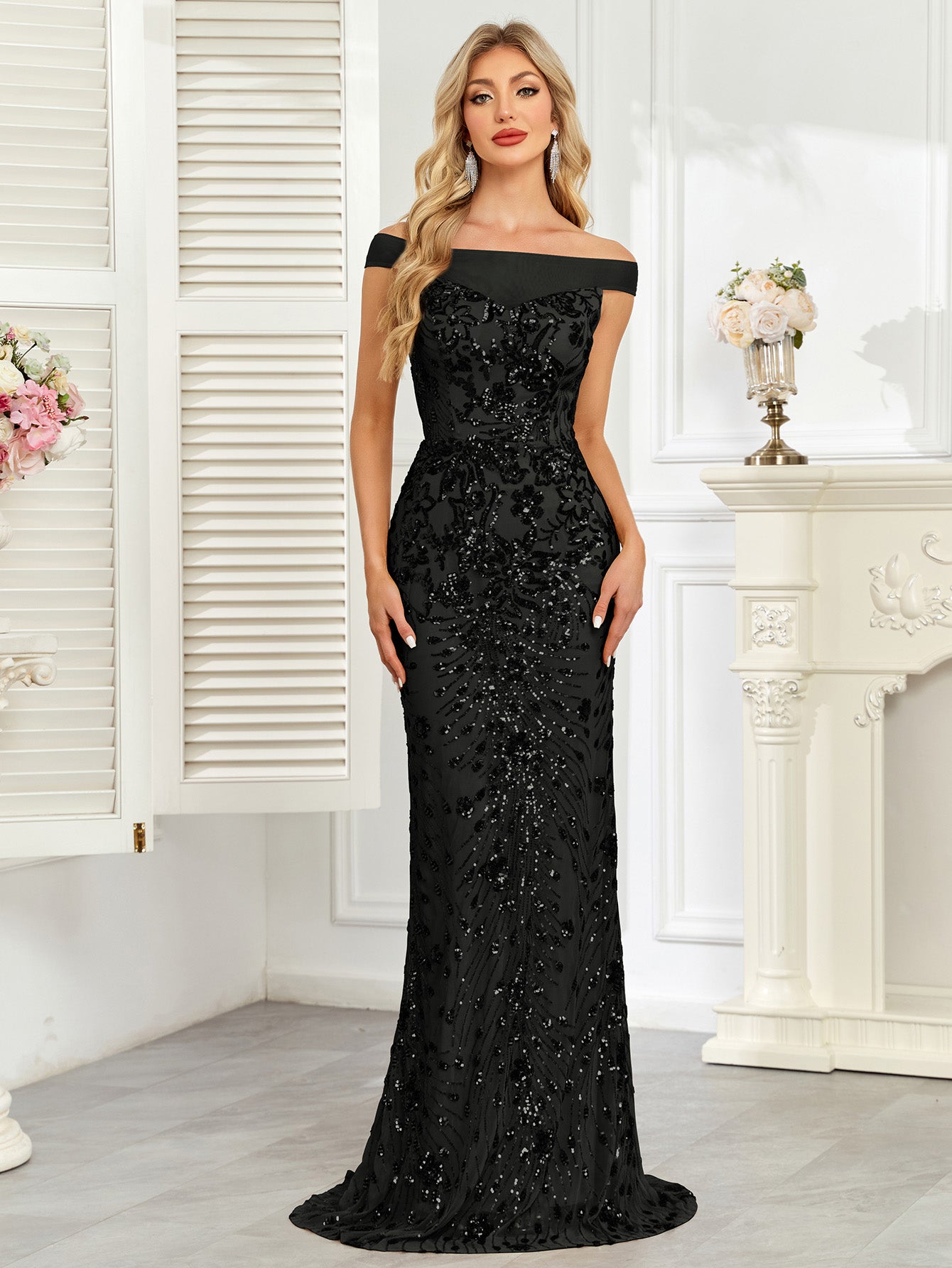 Royal Blue Sequin Off‑Shoulder Mermaid Evening Gown