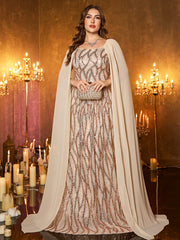 Champagne Chiffon Cape Strapless Sequin Plus‑Size Mermaid Formal Dress