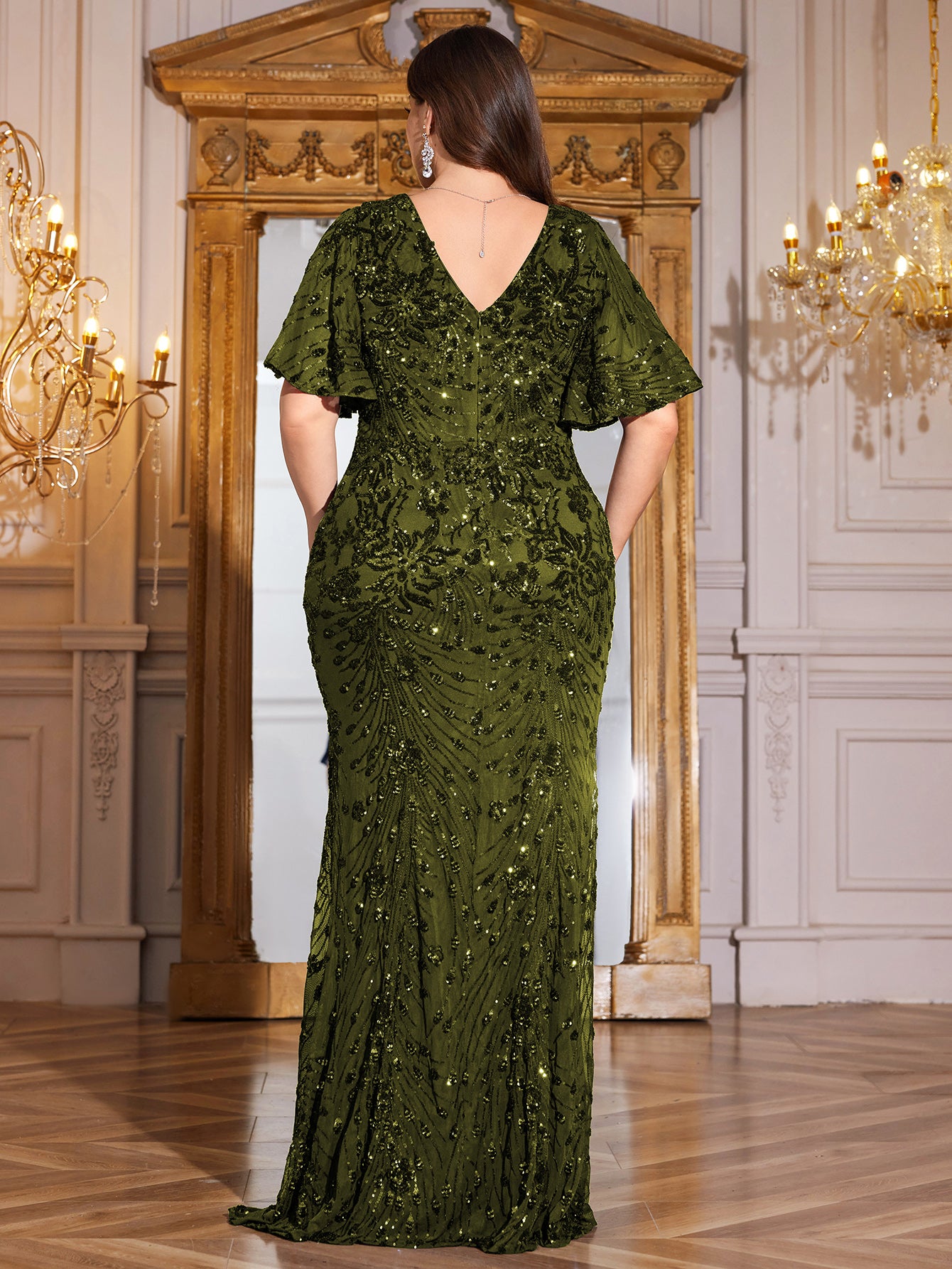 Royal Blue Sequin Flutter Sleeve Mermaid Evening Gown