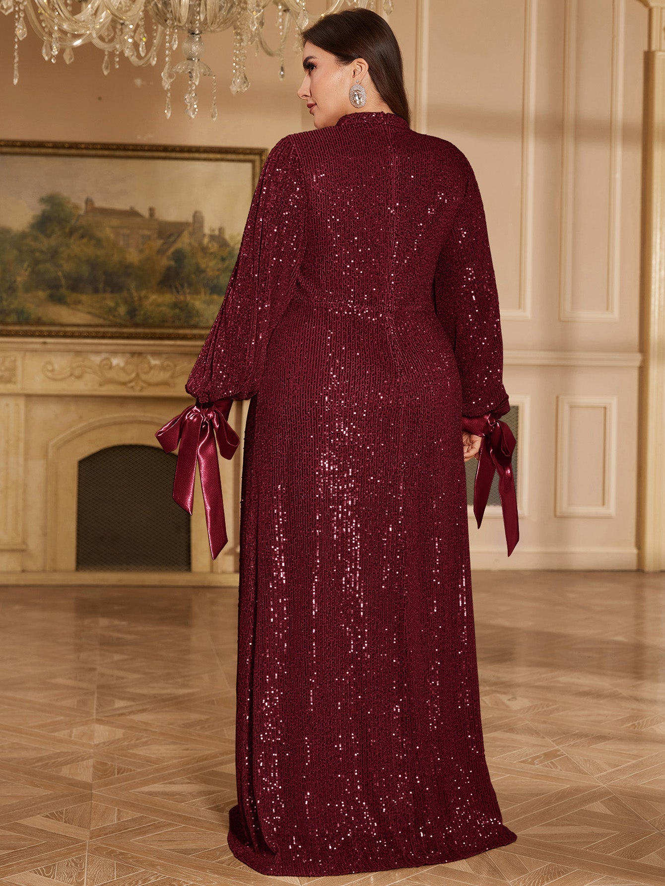 Champagne Bronze Floral Sequin Asymmetric Sleeve Mermaid Evening Gown