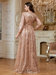 Rose Gold Floral Sequin Long Sleeve A‑Line Evening Gown