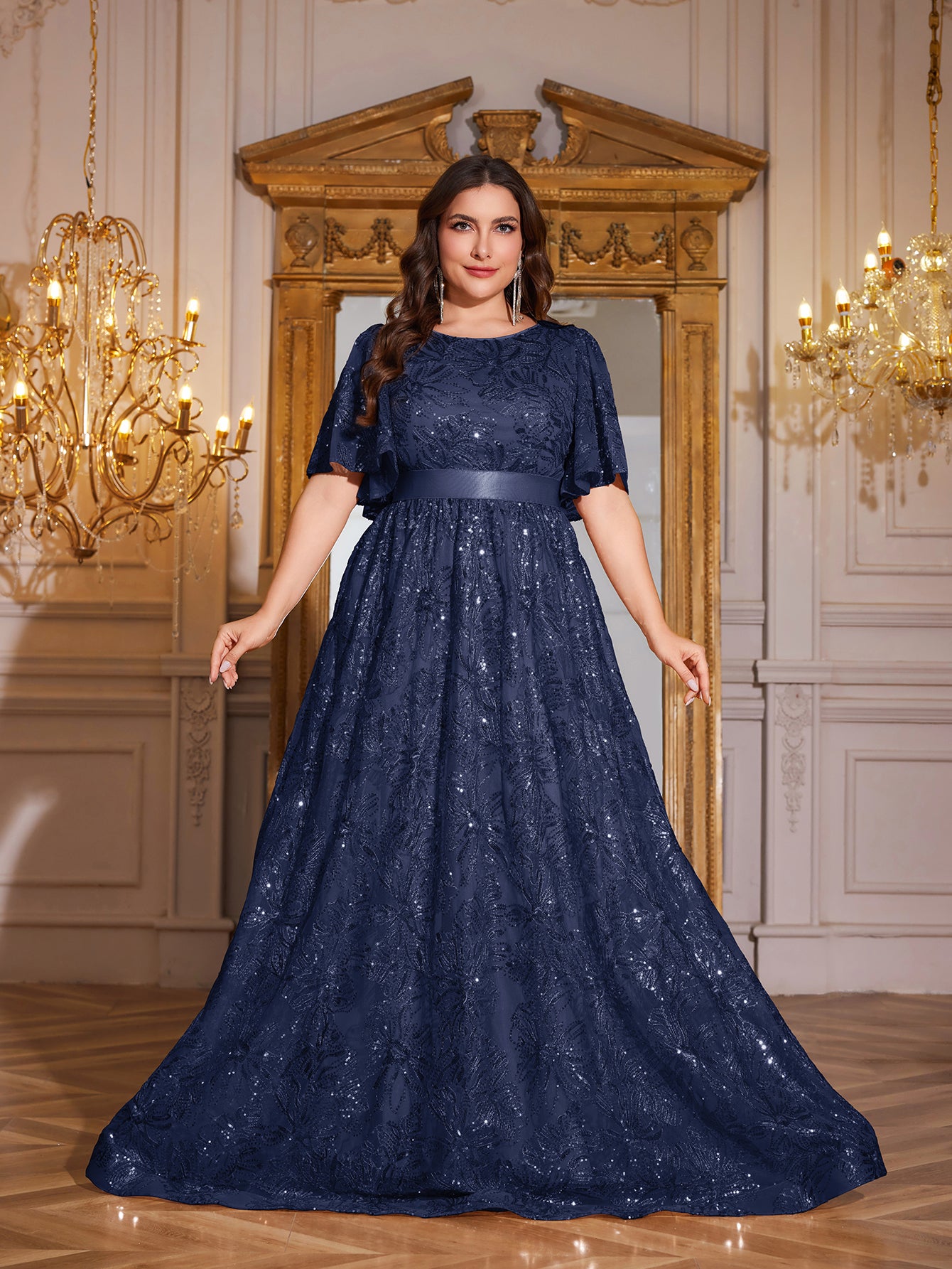 Rose Gold Sequin Flutter Sleeve Empire Waist A‑Line Plus Size Evening Gown