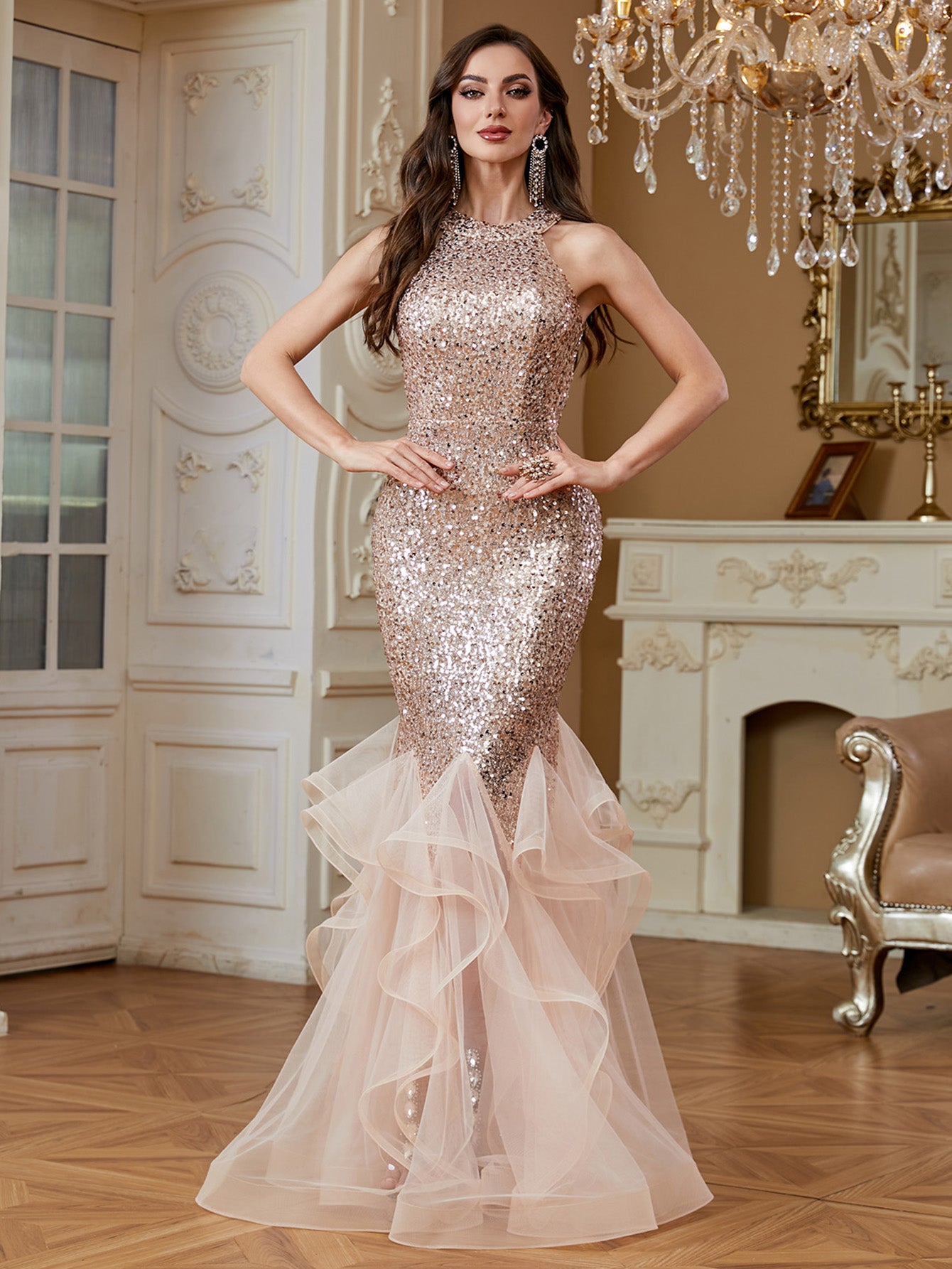 Rose Gold Sequin Halter Ruffle Tulle Mermaid Evening Gown