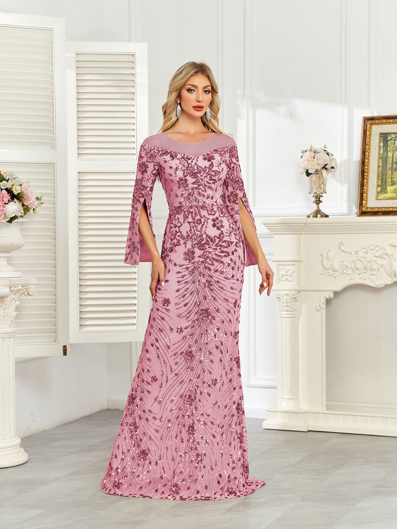 Royal Blue Sequin Split Flare‑Sleeve Mermaid Evening Gown