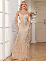 Champagne Iridescent Sequin V‑Neck Mermaid Gown