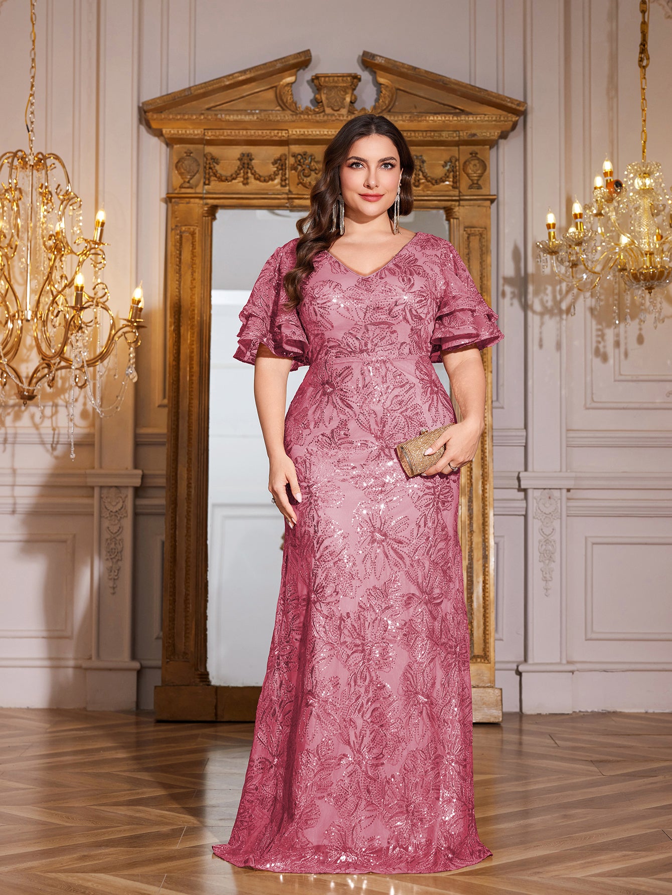 Rose Gold Sequin Ruffle Sleeve Mermaid Evening Gown
