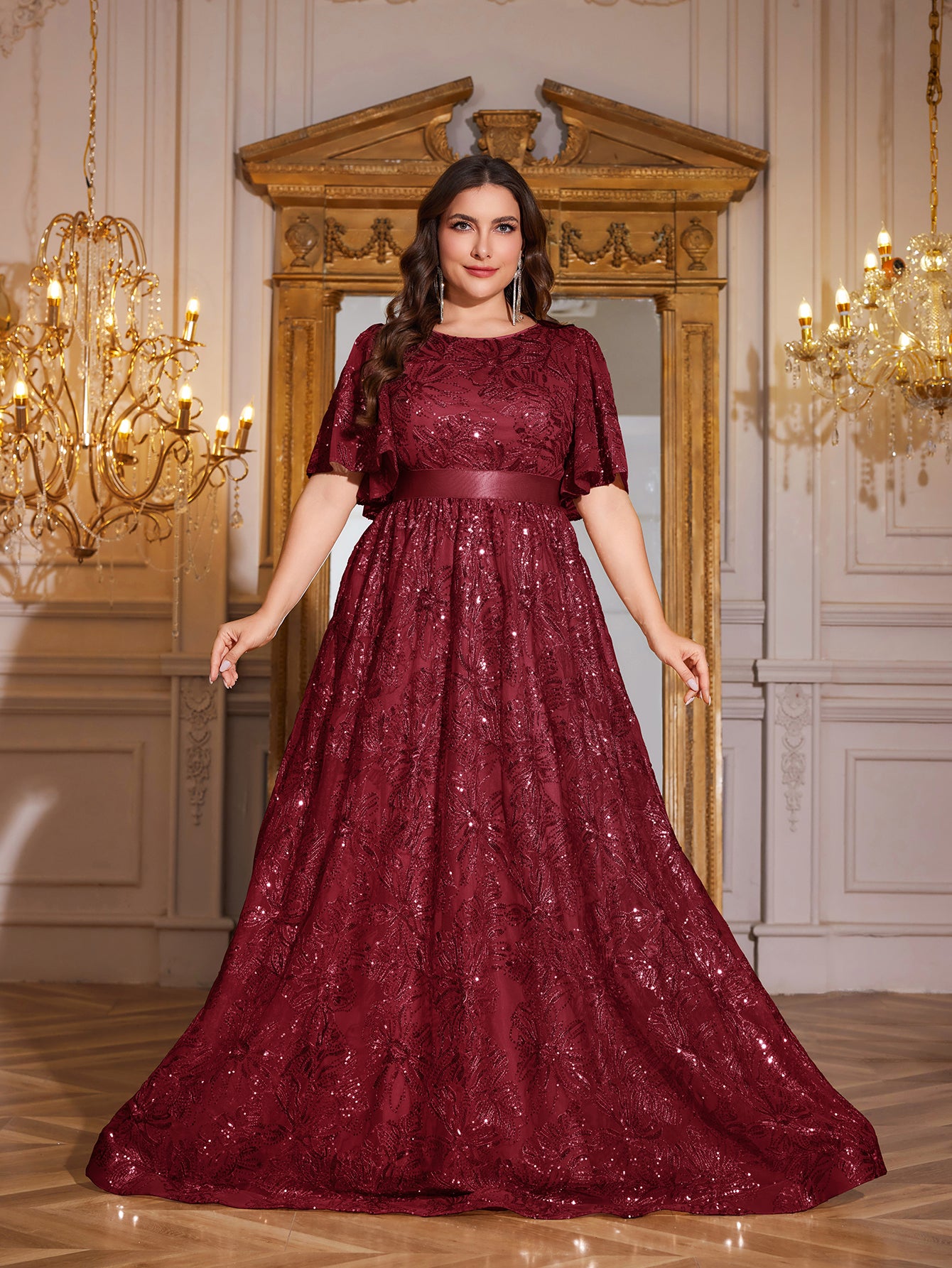 Rose Gold Sequin Flutter Sleeve Empire Waist A‑Line Plus Size Evening Gown