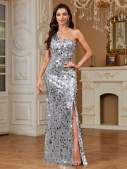 Elegant And Formal One Shoulder Slim Fit Fish Tail Sequin Long Skirt