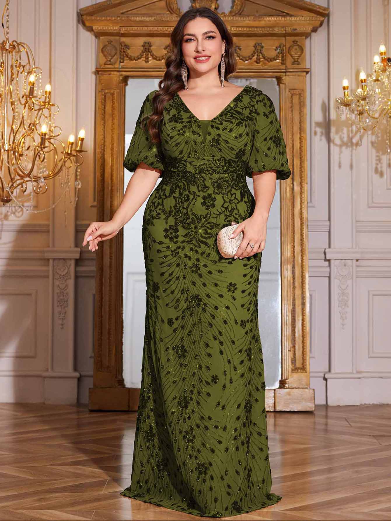 Navy Blue Sequin Puff Short Sleeve Mermaid Plus Size Evening Gown
