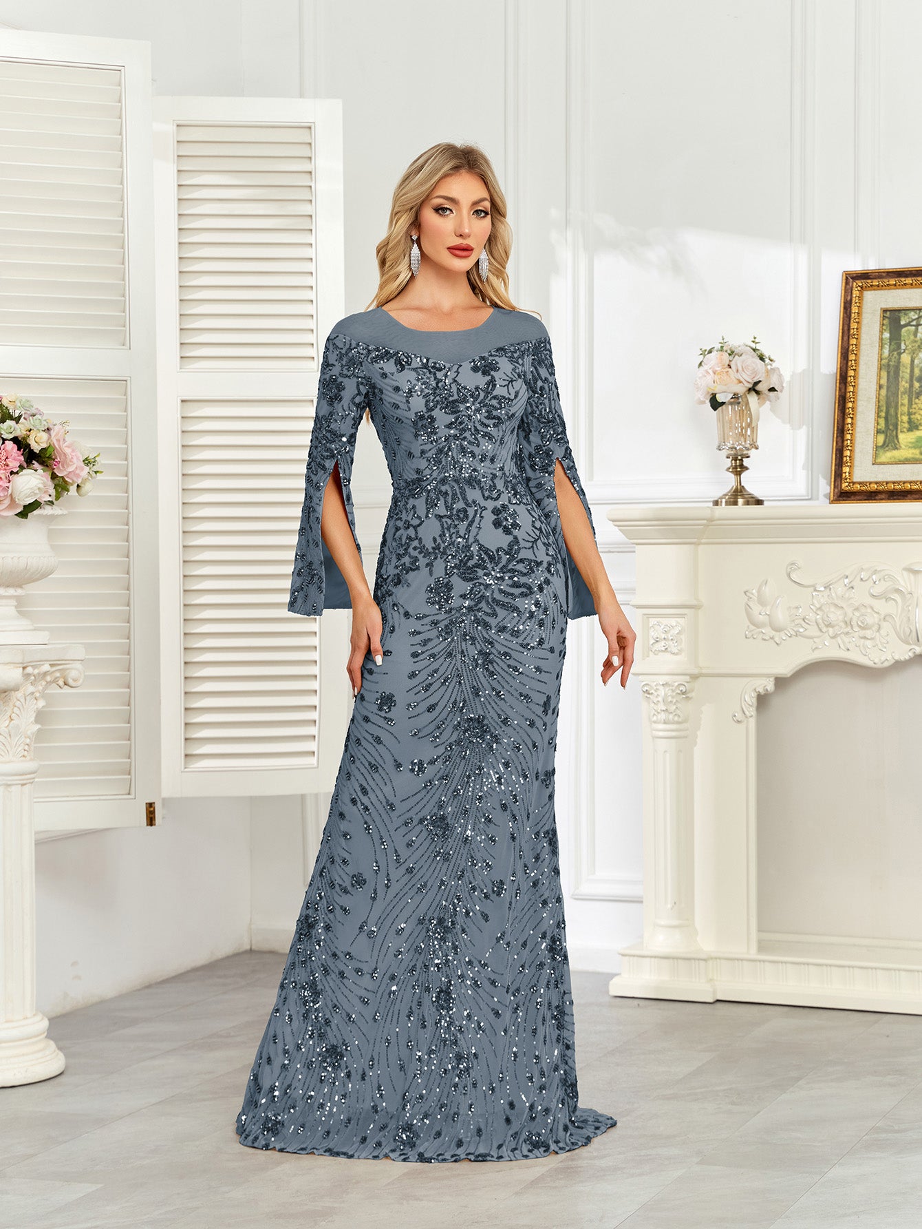 Royal Blue Sequin Split Flare‑Sleeve Mermaid Evening Gown
