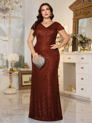 Teal Sequin Cap‑Sleeve Slit Sheath Plus Size Evening Gown