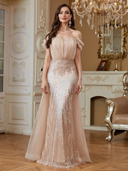 Nude Champagne Ruffle Off‑Shoulder Mermaid Evening Gown