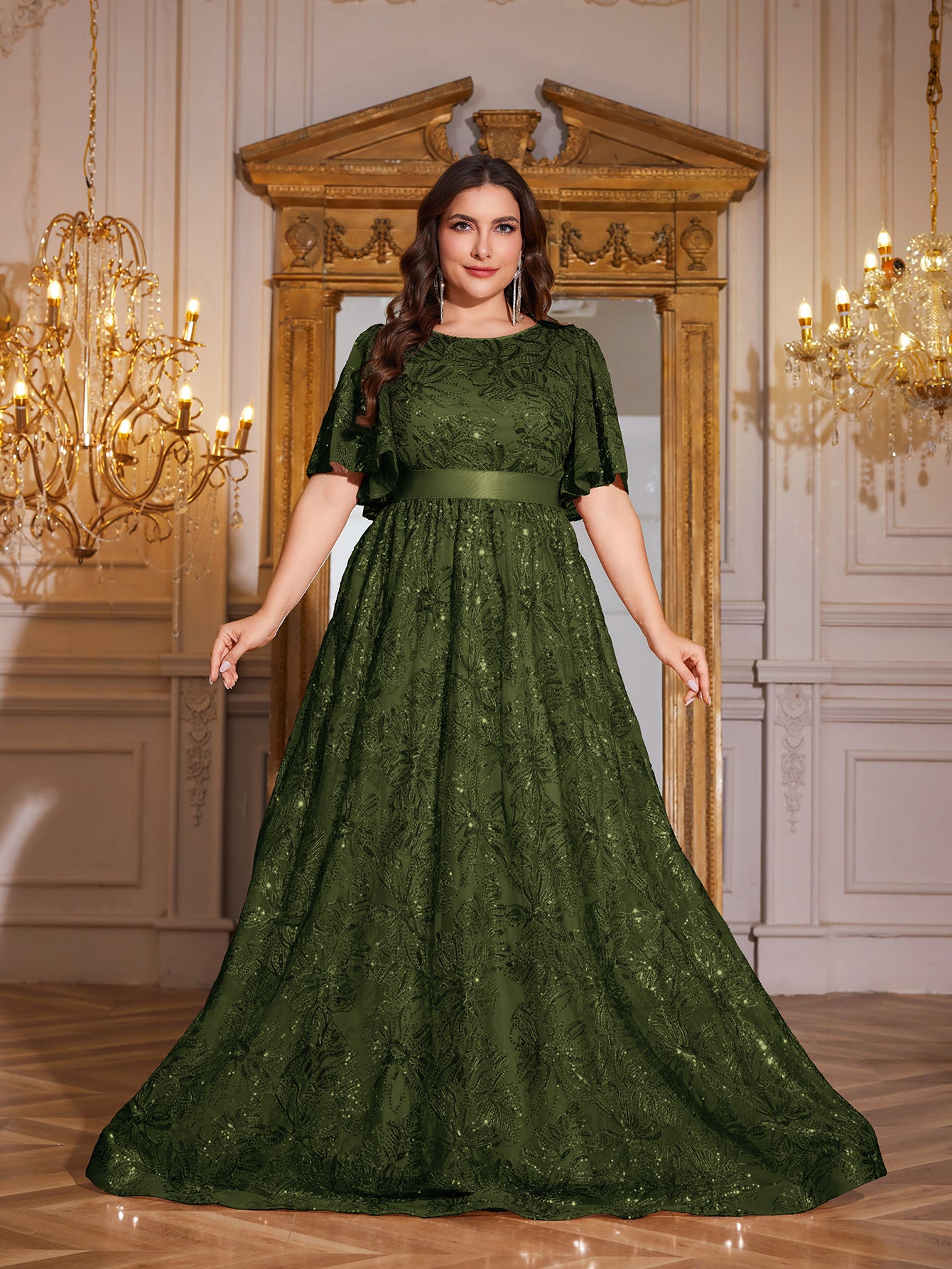 Rose Gold Sequin Flutter Sleeve Empire Waist A‑Line Plus Size Evening Gown