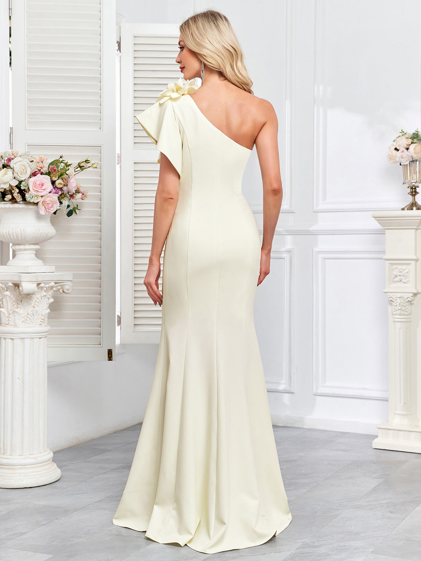 Cream One Shoulder Floral Mermaid Slit Evening Gown