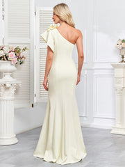 Cream One Shoulder Floral Mermaid Slit Evening Gown
