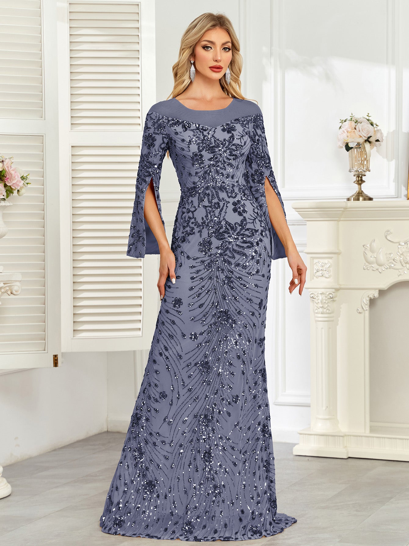 Royal Blue Sequin Split Flare‑Sleeve Mermaid Evening Gown