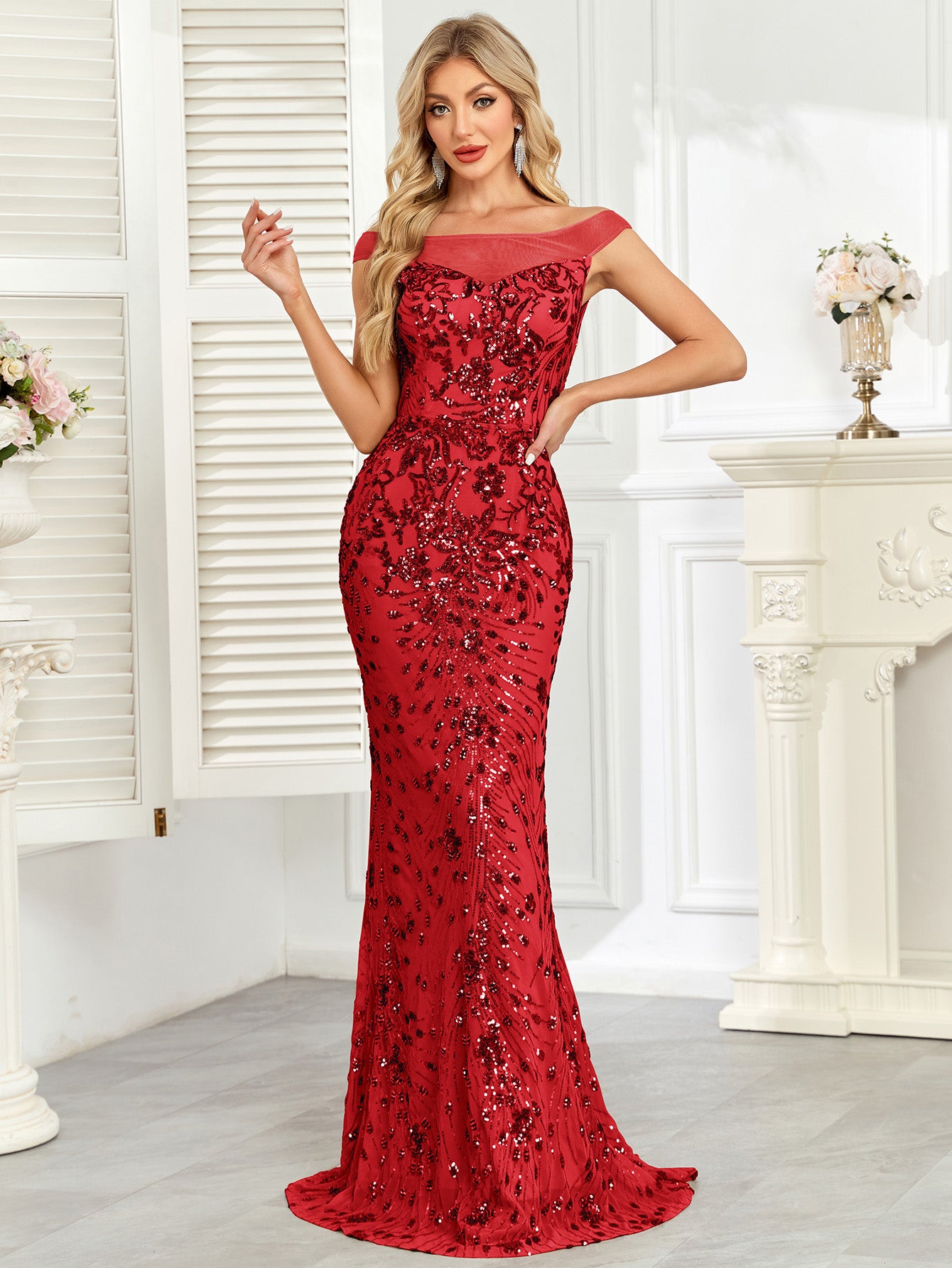 Royal Blue Sequin Off‑Shoulder Mermaid Evening Gown