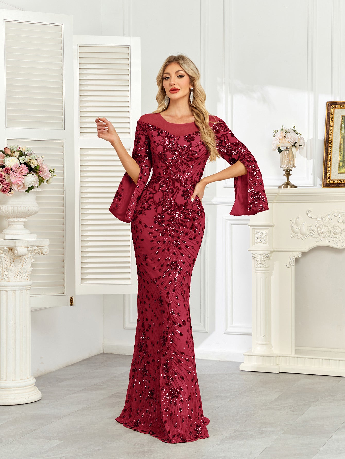 Royal Blue Sequin Split Flare‑Sleeve Mermaid Evening Gown