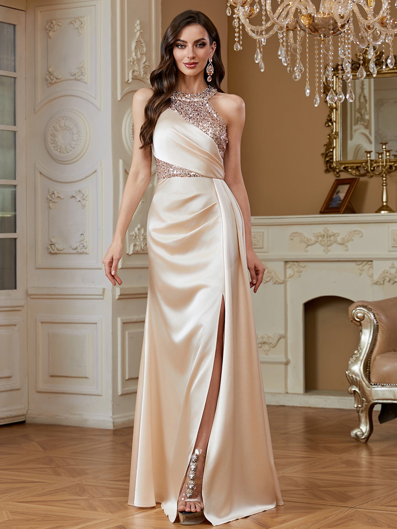 Sequin Halter Satin Evening Gown with Thigh-High Slit