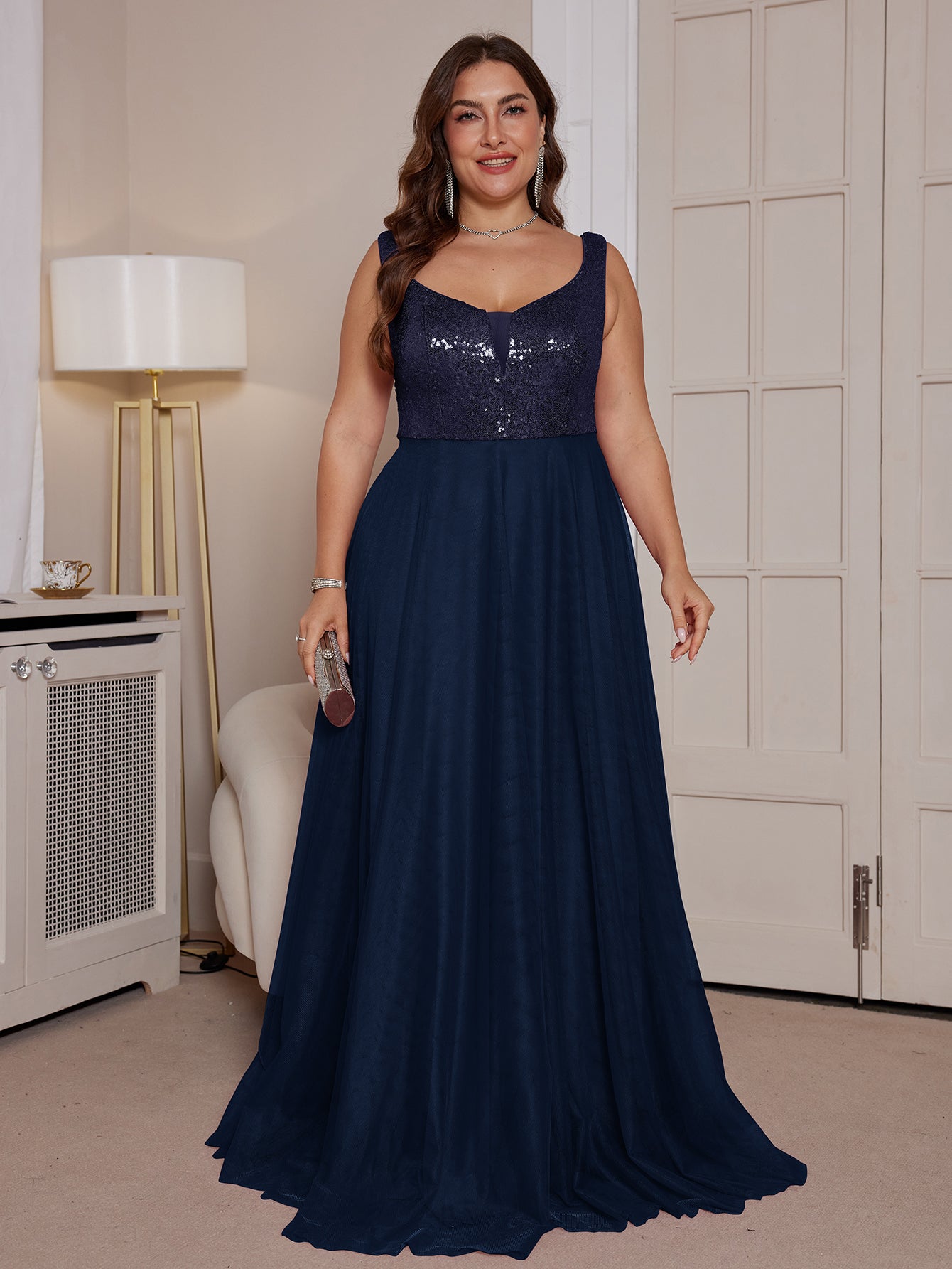 Dusty Rose Sequin Bodice A Line Plus Size Evening Gown