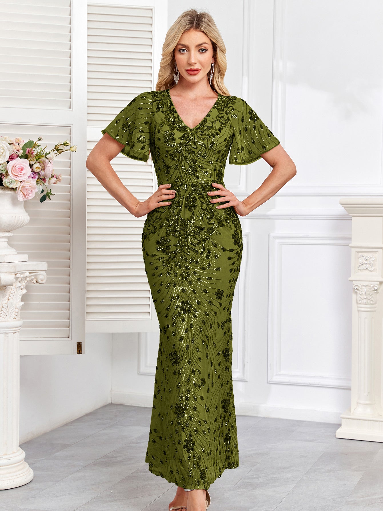 Champagne Gold Sequin Short Sleeve V Neck Midi Mermaid Evening Dress