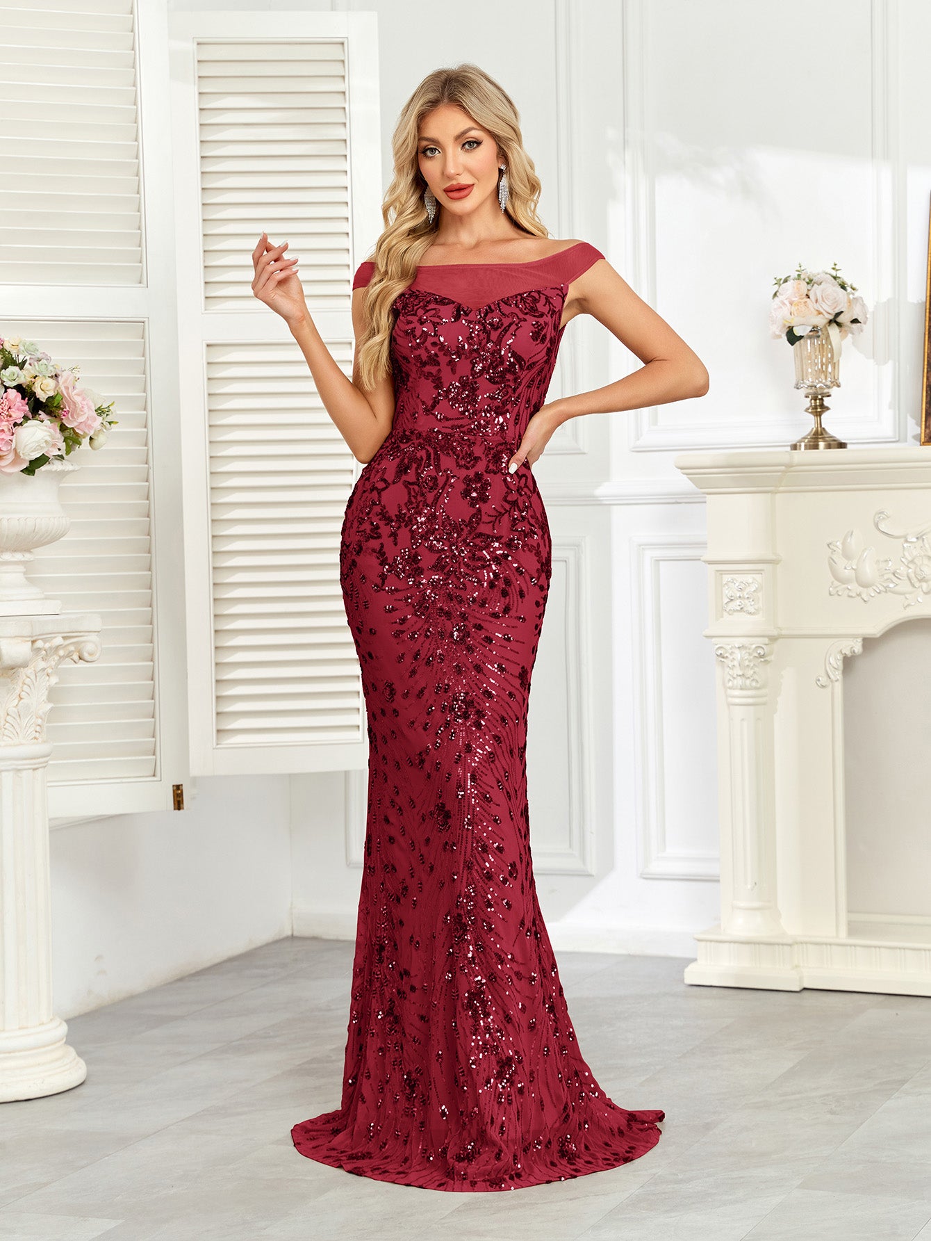 Royal Blue Sequin Off‑Shoulder Mermaid Evening Gown