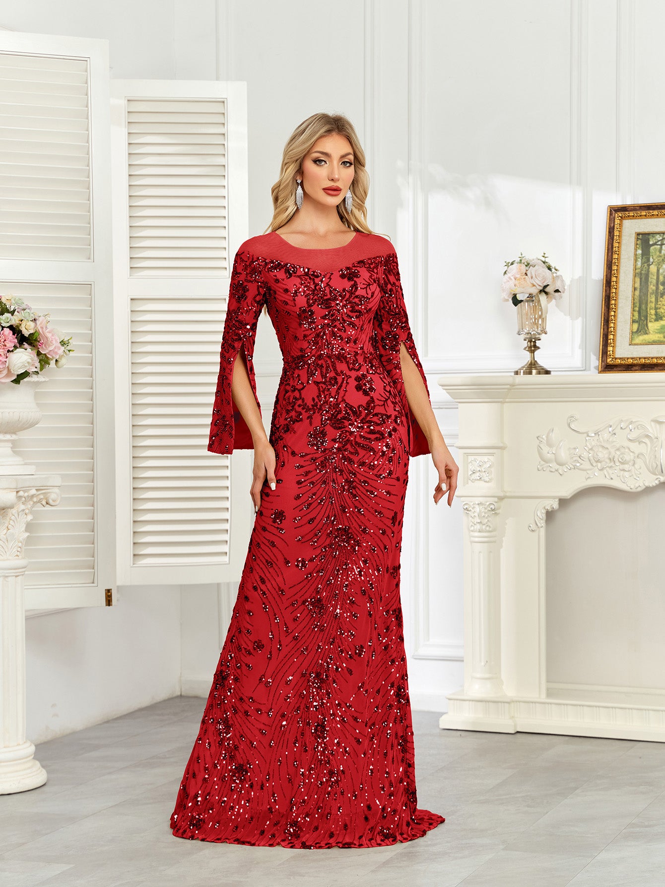 Royal Blue Sequin Split Flare‑Sleeve Mermaid Evening Gown