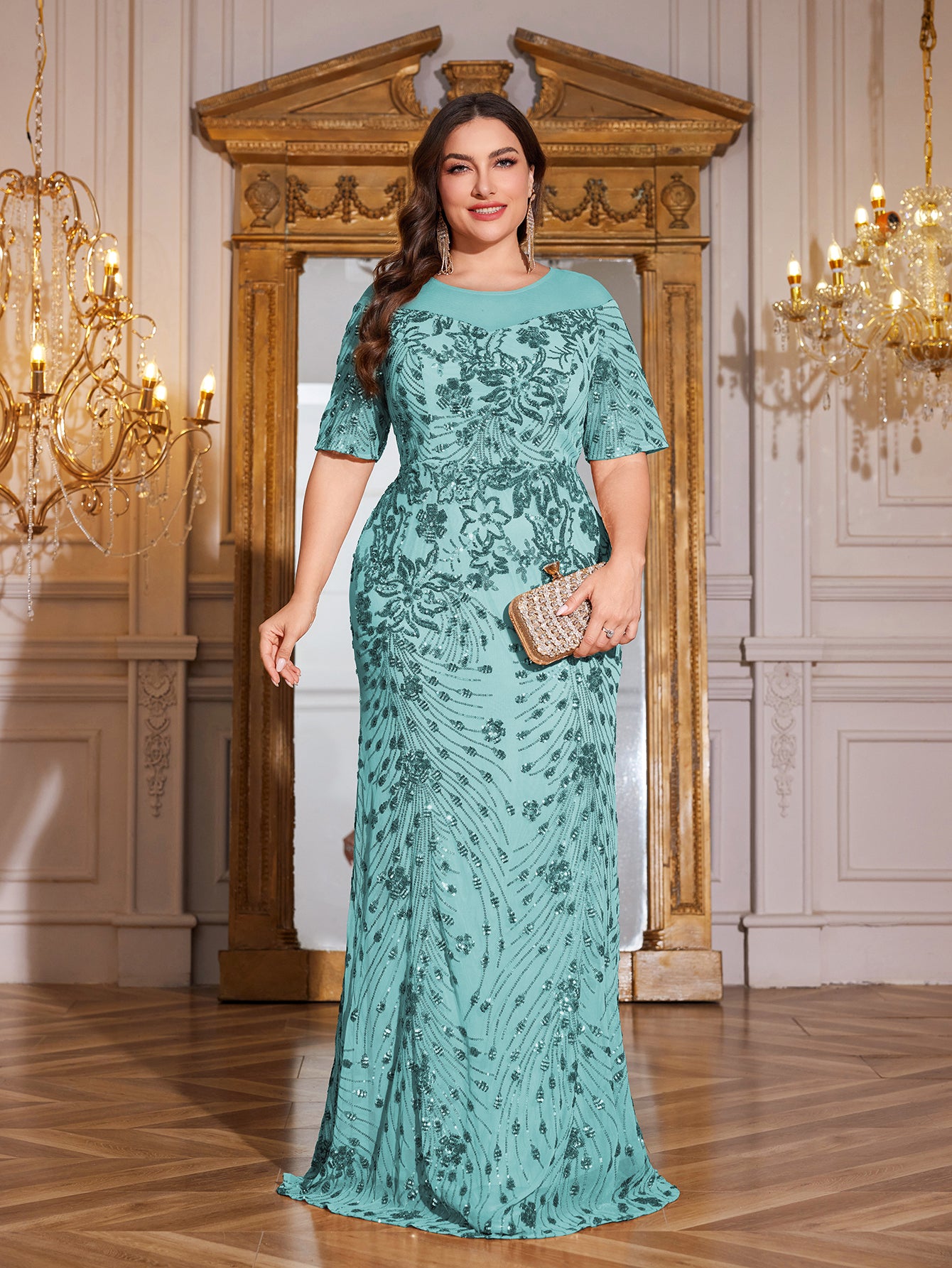 Teal Green Sequin Short Sleeve Mermaid Plus Size Evening Gown