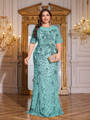 Teal Green Sequin Short Sleeve Mermaid Plus Size Evening Gown