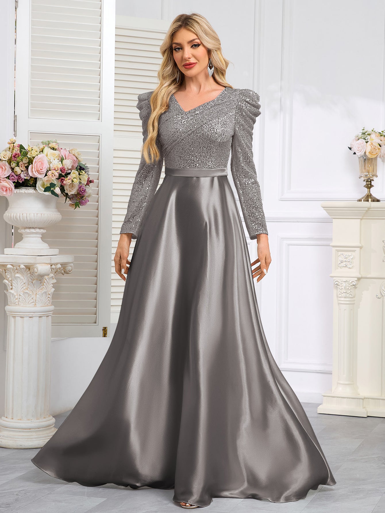 Dark Blue Satin Sequin Maxi Dress