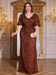 Navy Blue Sequin Puff Short Sleeve Mermaid Plus Size Evening Gown