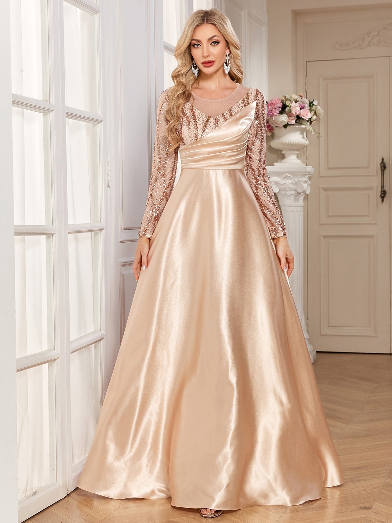 Champagne Gold Sequin Long Sleeve Wrap V Neck A-Line Satin Evening Gown