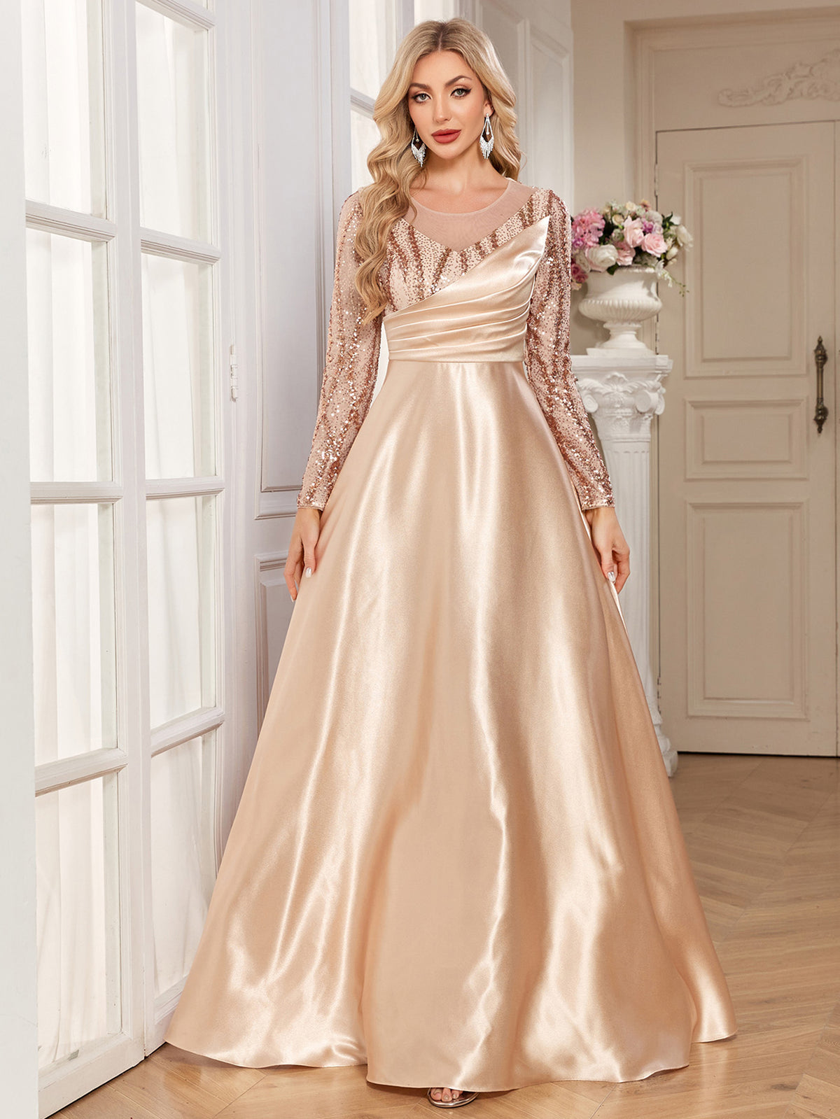 Champagne Gold Sequin Long Sleeve Wrap V Neck A-Line Satin Evening Gown
