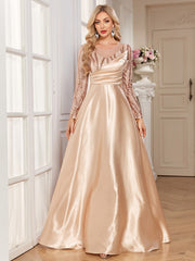 Champagne Gold Sequin Long Sleeve Wrap V Neck A-Line Satin Evening Gown
