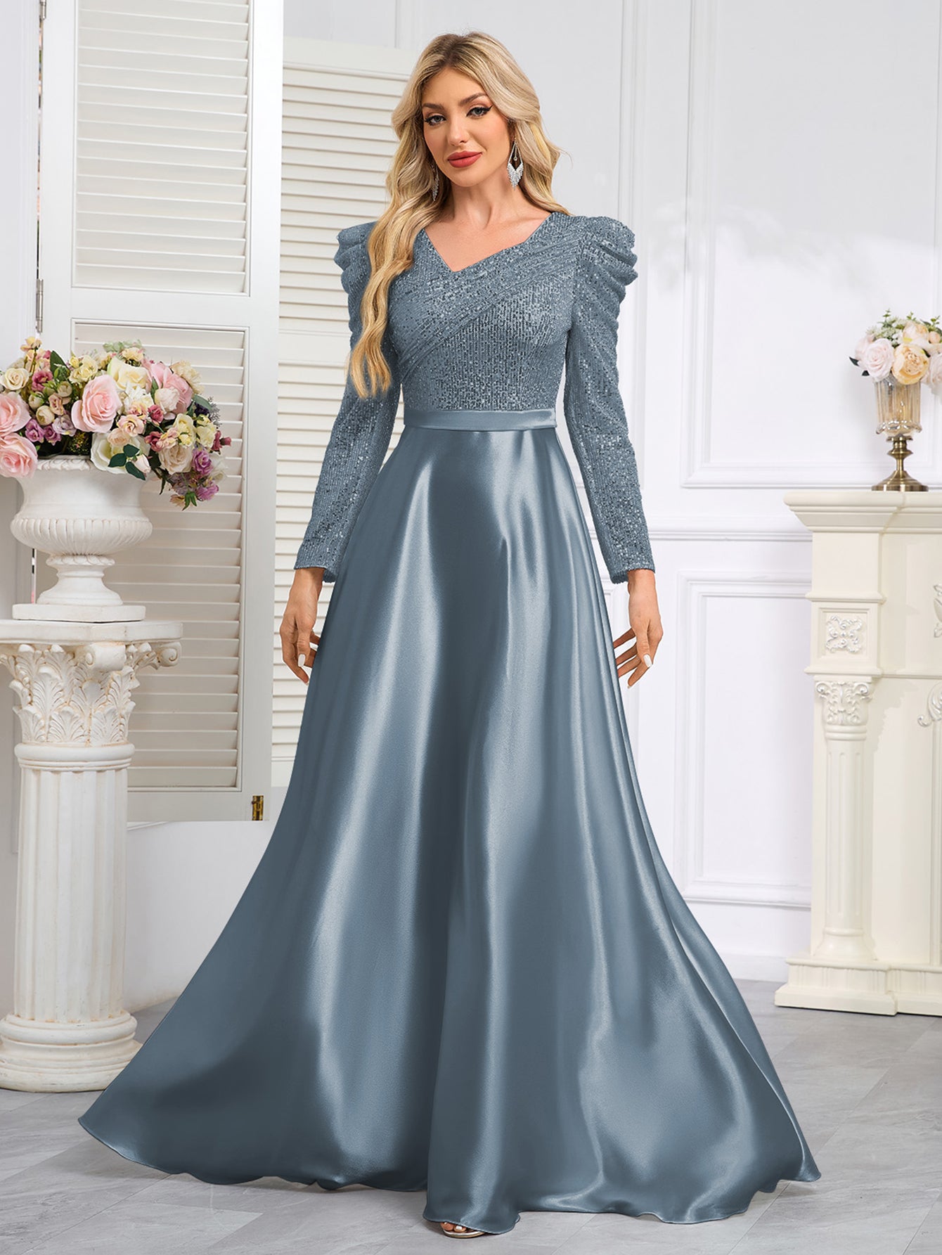 Dark Blue Satin Sequin Maxi Dress