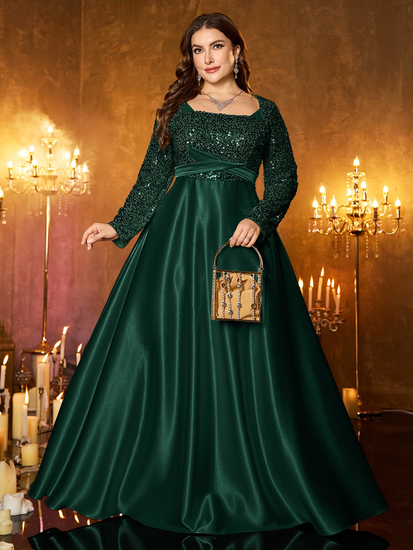Champagne Silver Beaded High‑Waist A‑Line Plus Size Evening Gown