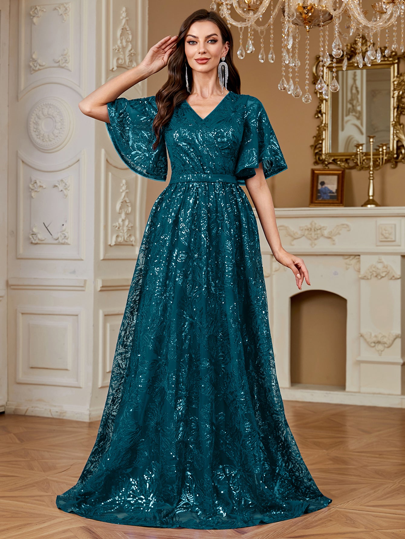 Elegant Formal Party Embroidered Sequin Long Dress