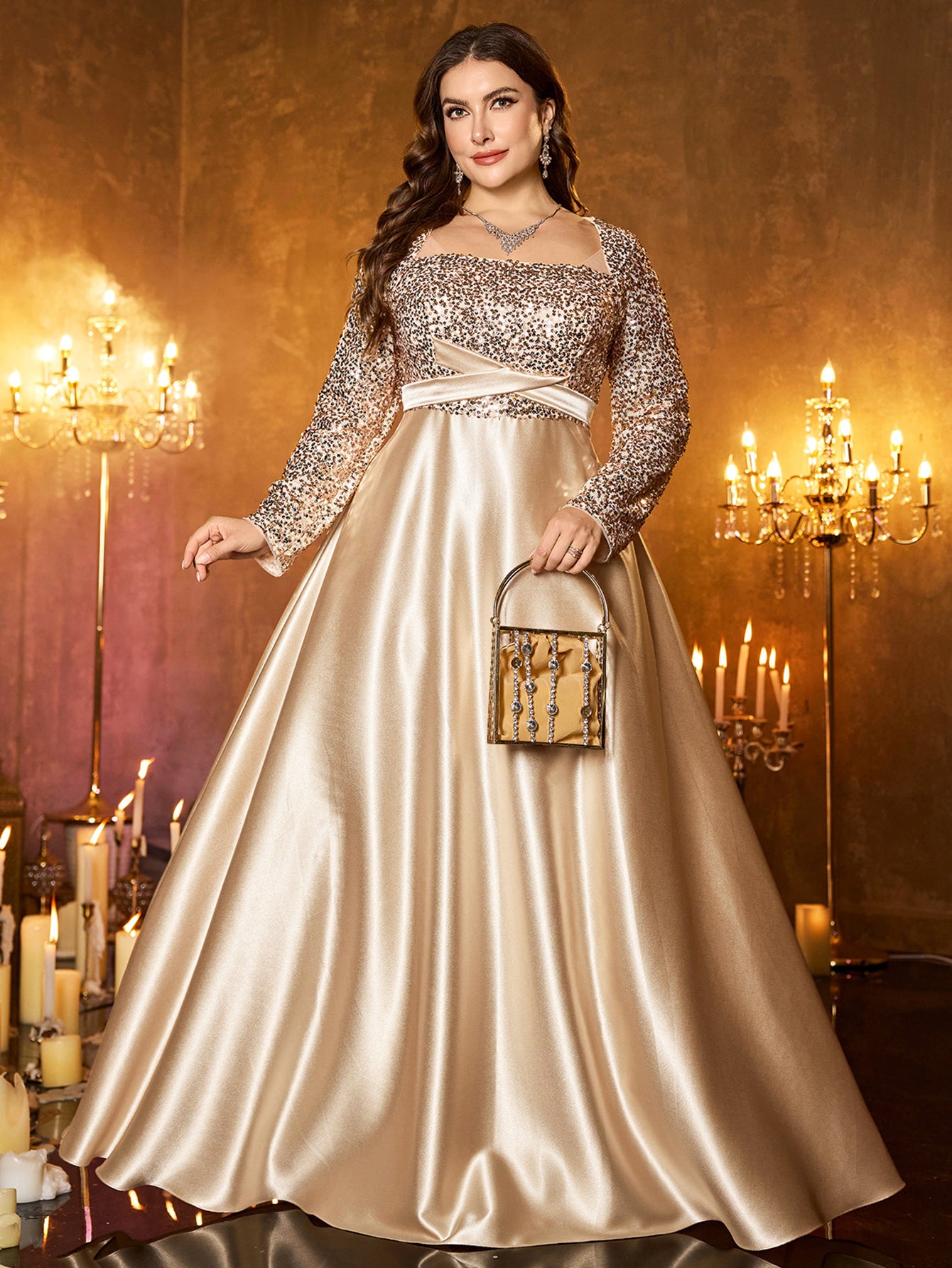 Champagne Silver Beaded High‑Waist A‑Line Plus Size Evening Gown