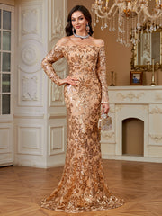 Champagne Gold Sequin Off Shoulder Long Sleeve Mermaid Evening Gown