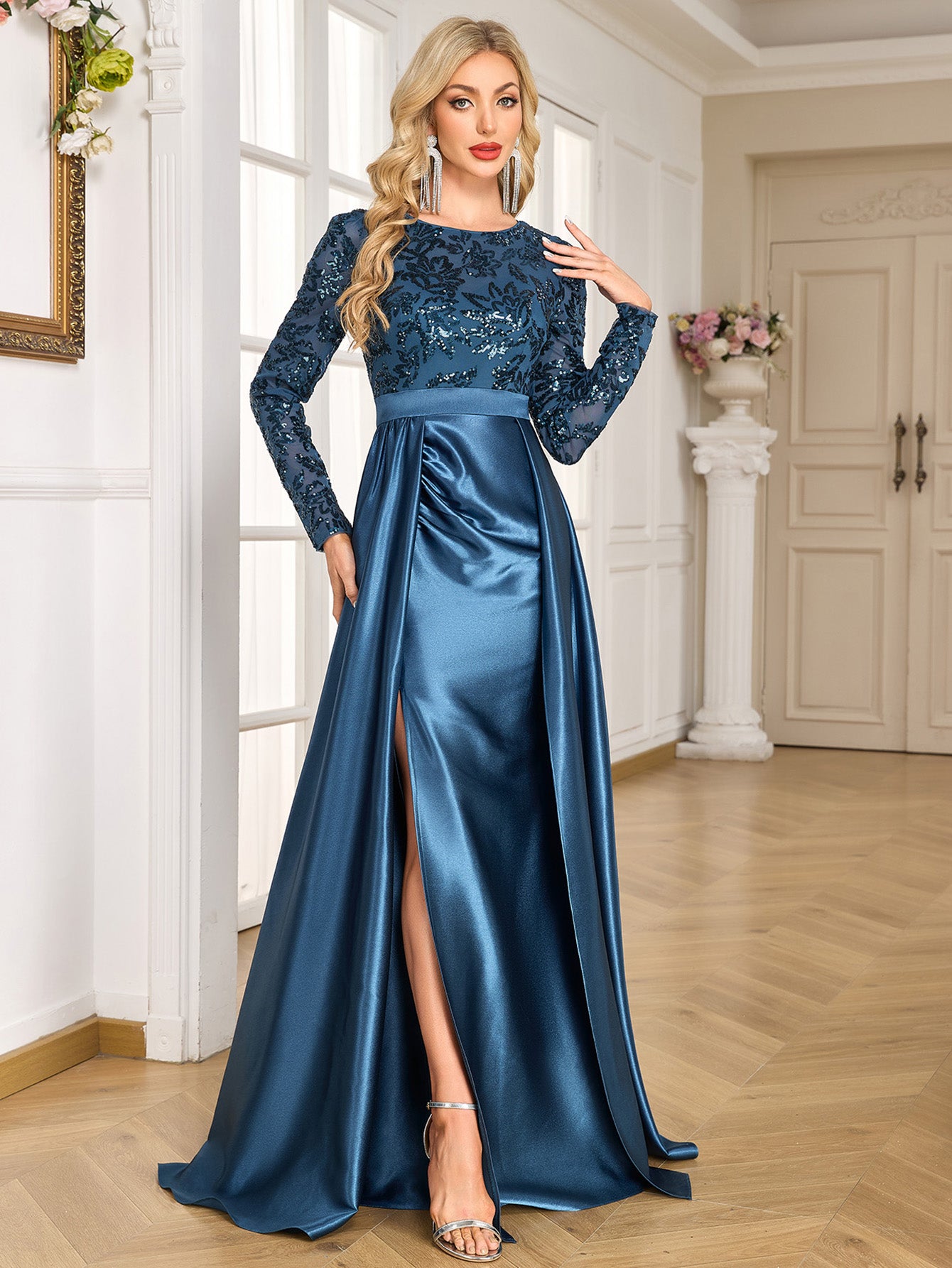 Teal Blue Sequin Satin Long Sleeve High Slit A-Line Evening Gown