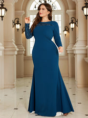Peacock Blue Mesh Neck Pocket Plus‑Size Mermaid Evening Dress